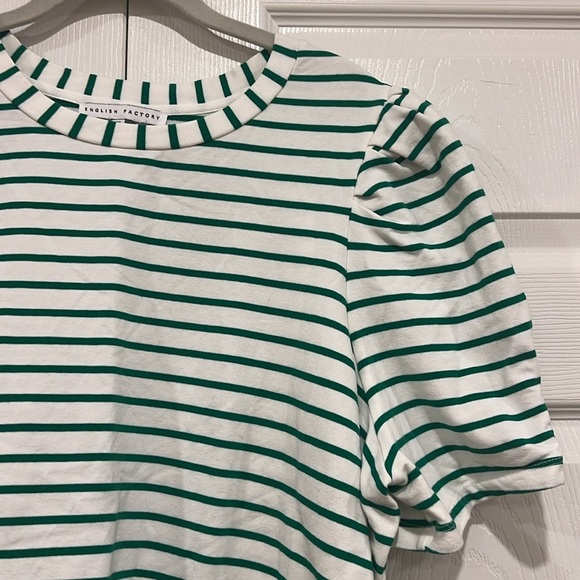 ENGLISH FACTORY Stripe Knit Shirt Womens Green White Puff Short Sleeves Size 1X - Picture 2 of 5